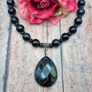 Artisan Black Glass Bead Collar Necklace Tigers Eye Faceted Teardrop Pendant
